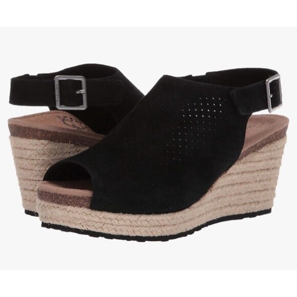 Aetrex Sherry Espadrille Sandal Wedge Heel Black Summer Size 7.5 Leather Suede - Picture 1 of 9